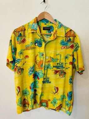 Rare André François vintage button-down shirt scenic tropical print of Fiji Sz L